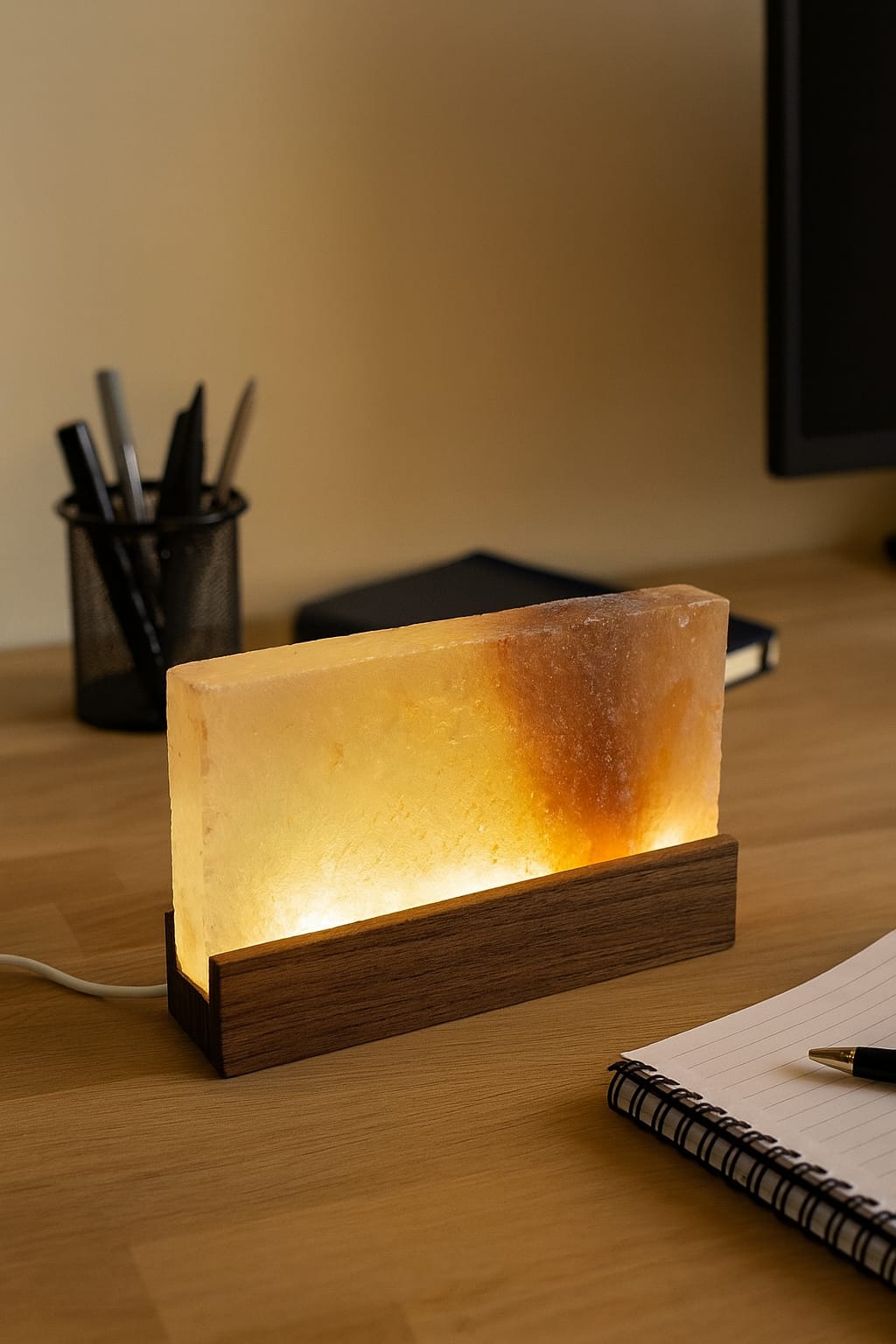 solná stolní led lampa designová dřevo ořech