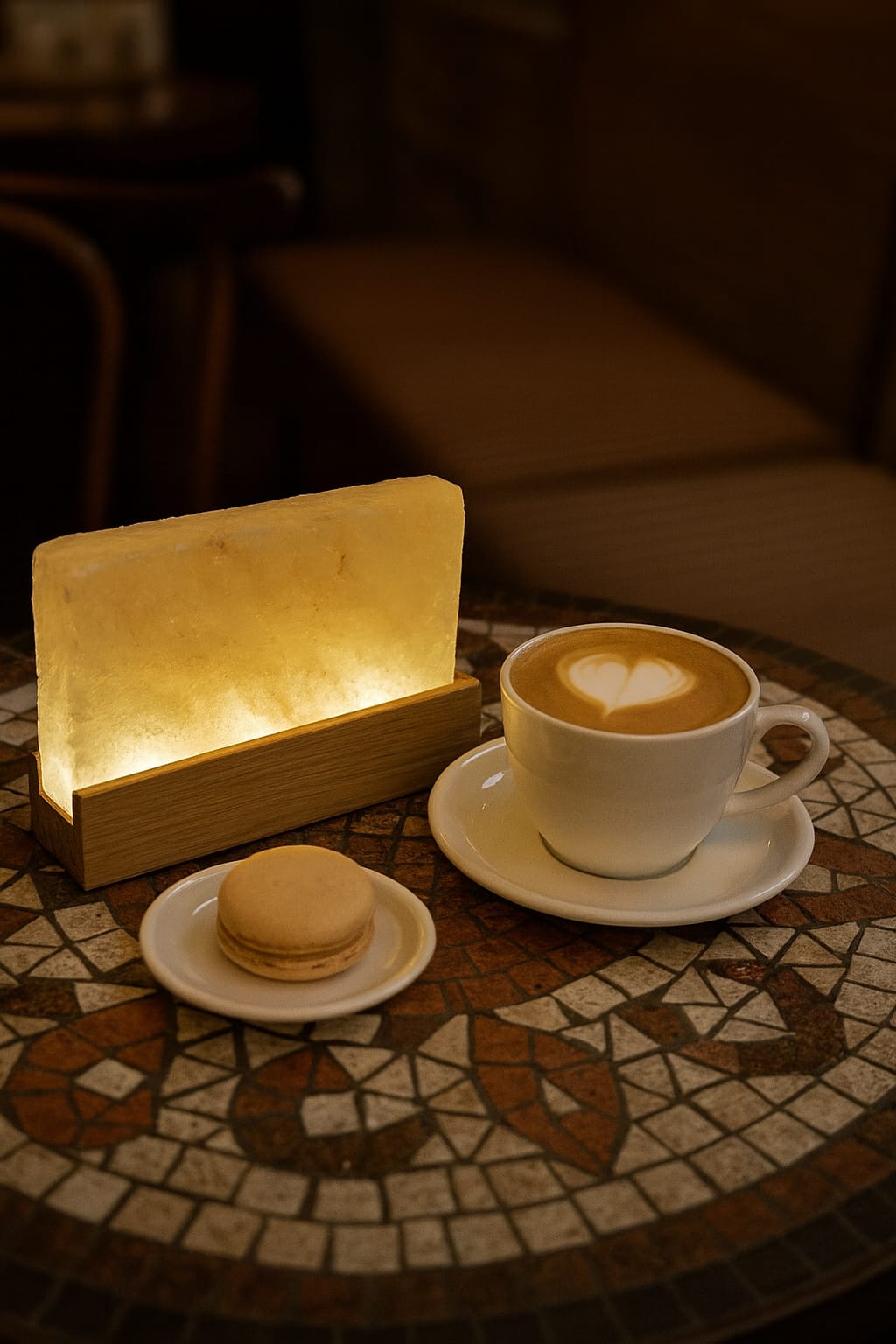 solná led lampa kavárna dřevo dub