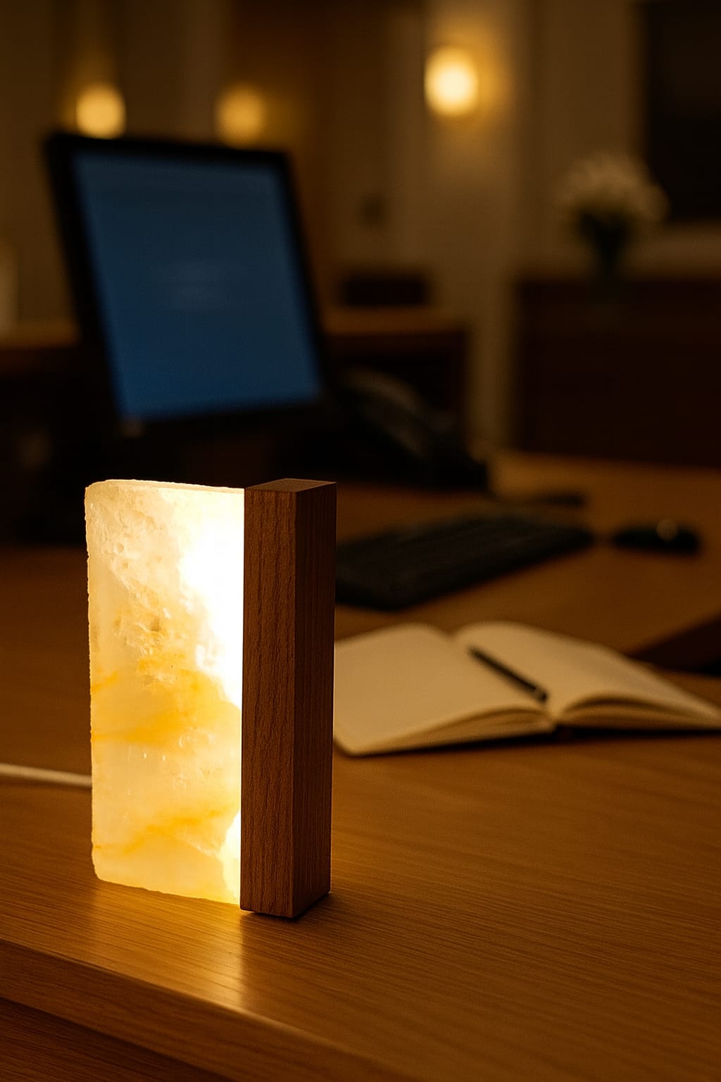 solná led lampa hotelová recepce dřevo ořech