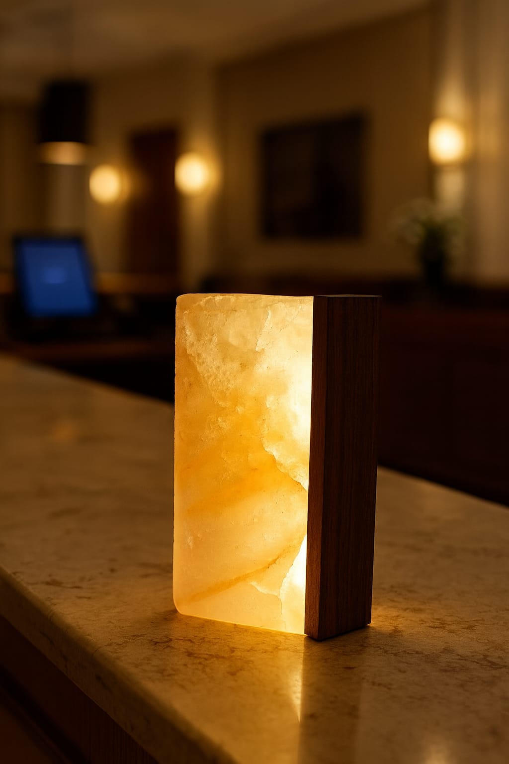 solná led lampa recepce dřevo ořech