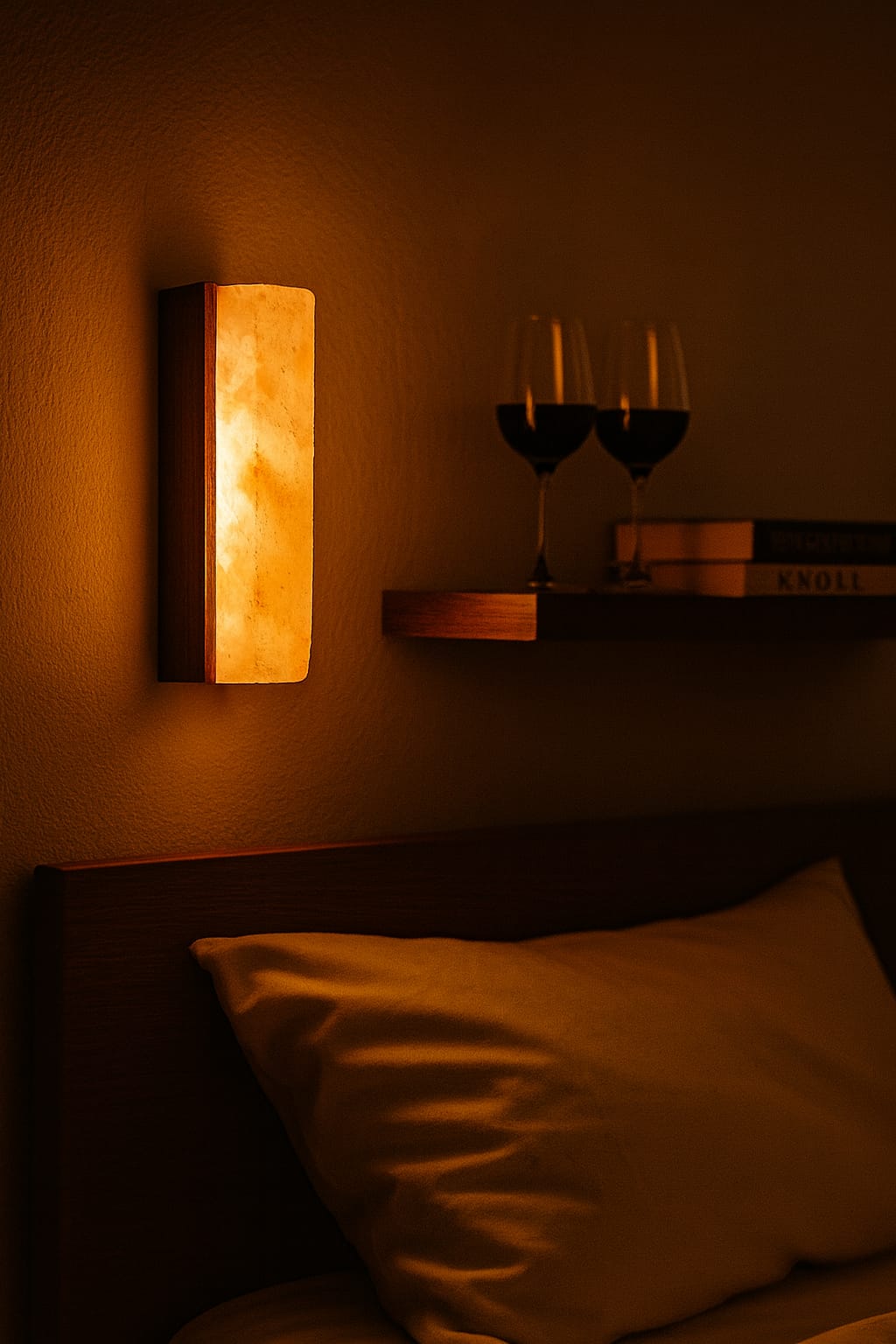 solná led lampa hotelový pokoj dřevo třešeň